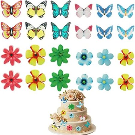 100 Pcs Edible Flowers & Butterfly for Cake Decorating, Wafer Paper Cupcake Toppers, 3D Edible Cake Decorations for Party, Mix Size & Color Cake Decorations