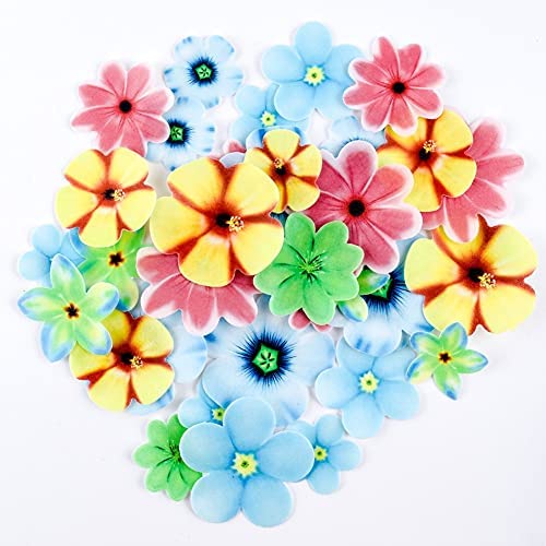 Morofme 35pcs Edible Flower Cake Topper, Flower Cupcake Toppers, Colorful Wafer Paper Flower Cake Decorations for Wedding Birthday Baby Shower Party Supplies Food Decoration