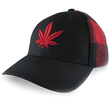 Red Cannabis Marijuana Leaf 3D Puff Embroidery on an All Season Adjustable Black and Buffalo Check Red Plaid Full Fit Classic Baseball Cap